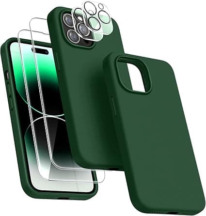 Dssairo [5 in 1 for iPhone 14 Pro Max Case 6.7, with 2 Pack Screen Protector + 2 Pack Camera Lens Protector, Liquid Silicone Slim Shockproof Protective Phone Case [Microfiber Lining] (Alpine Green)…